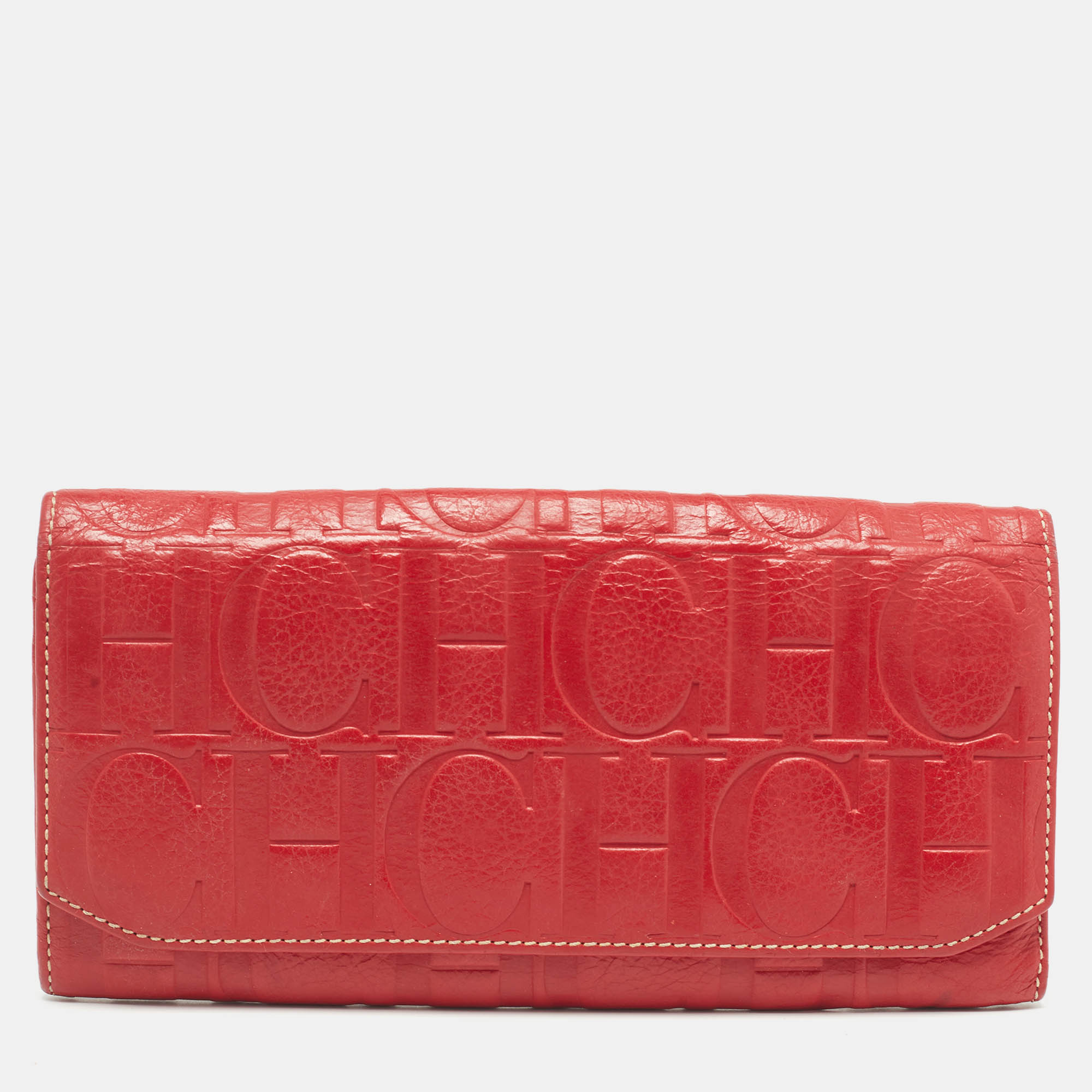 Pre-owned Carolina Herrera Red Monogram Embossed Leather Flap Continental Wallet