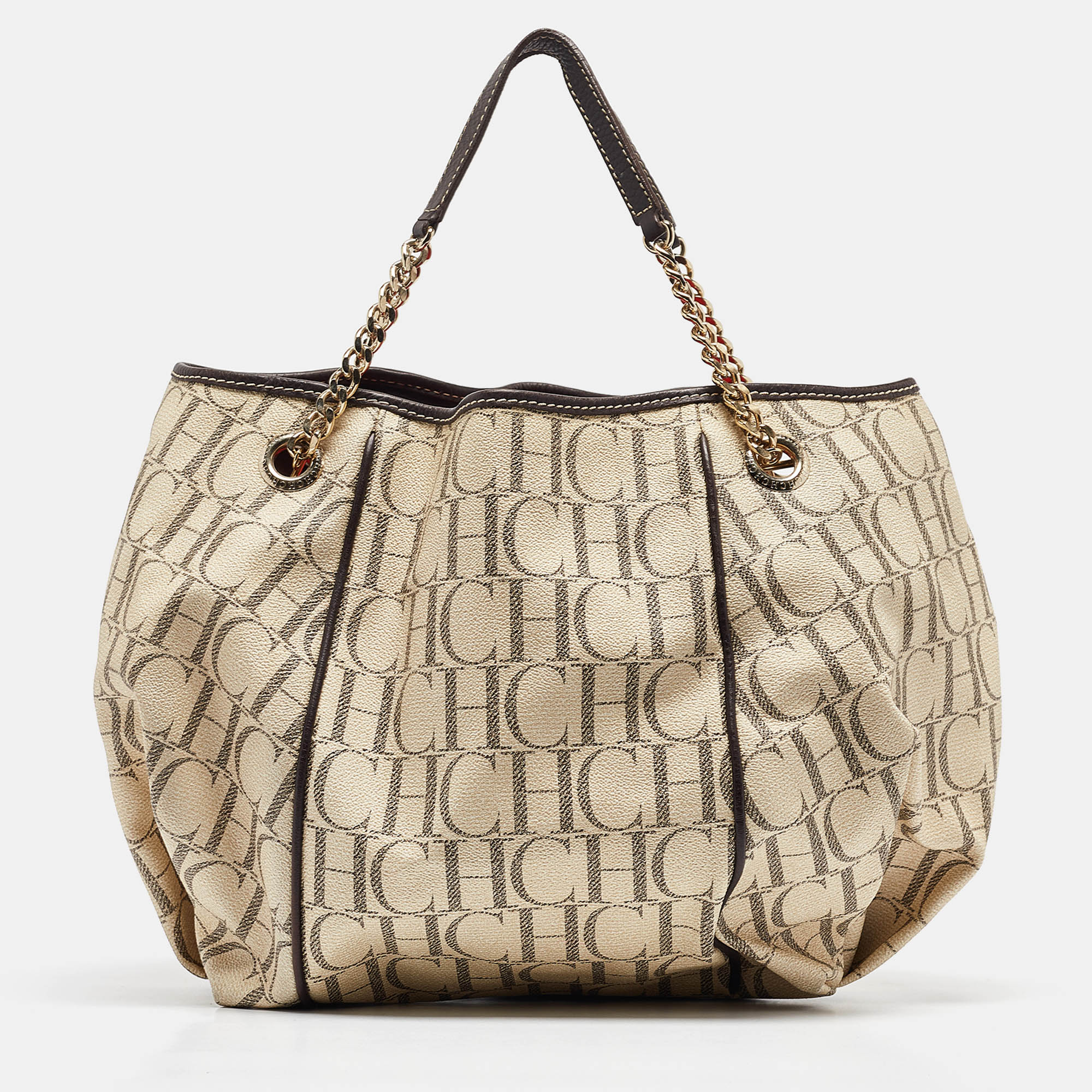 

Carolina Herrera Cream/Brown Monogram Coated Canvas and Leather Chain Tote