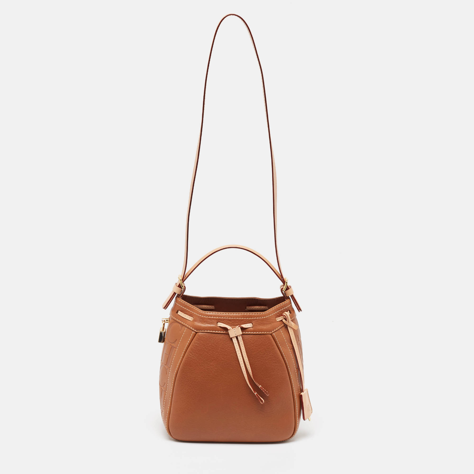 

Carolina Herrera Brown Monogram Embossed Leather Small Andy Bucket Bag