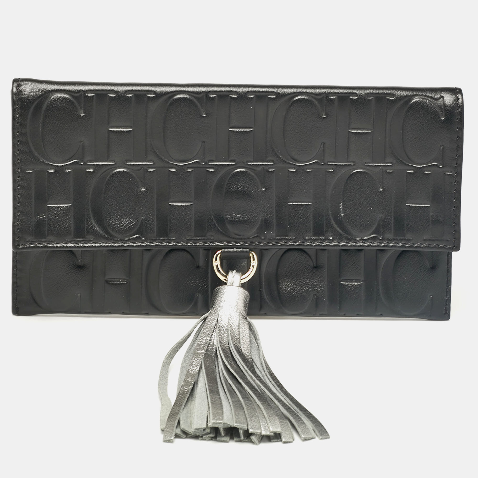 

Carolina Herrera Black Monogram Embossed Leather Tassel Clutch