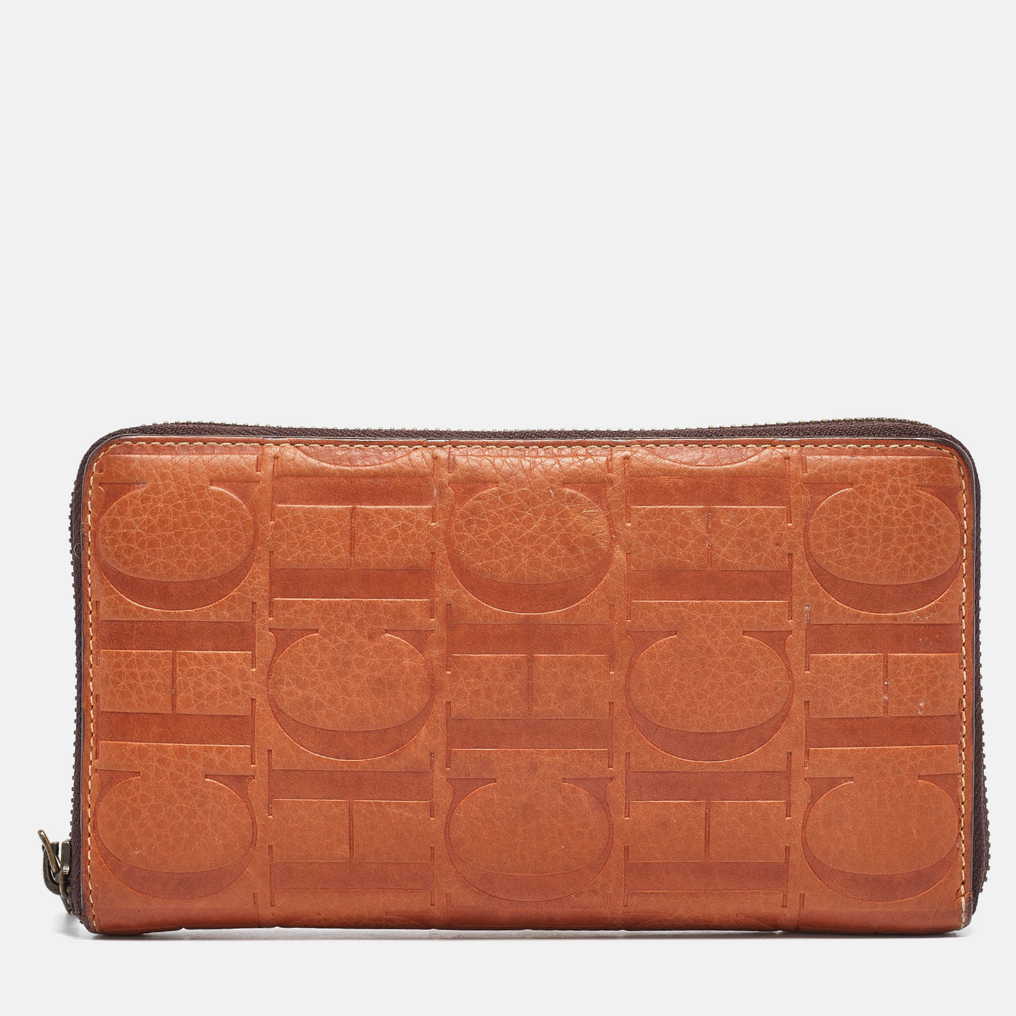 

Carolina Herrera Brown Monogram Embossed Leather Zip Continental Wallet