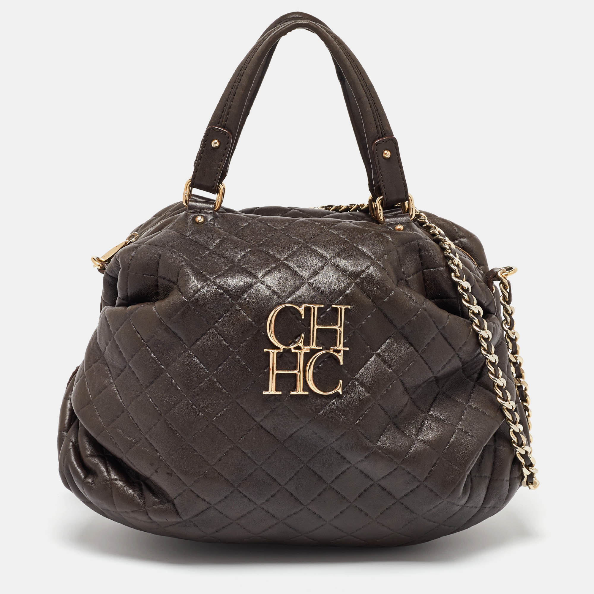 

Carolina Herrera Dark Brown Quilted Leather Pleated Chain Satchel