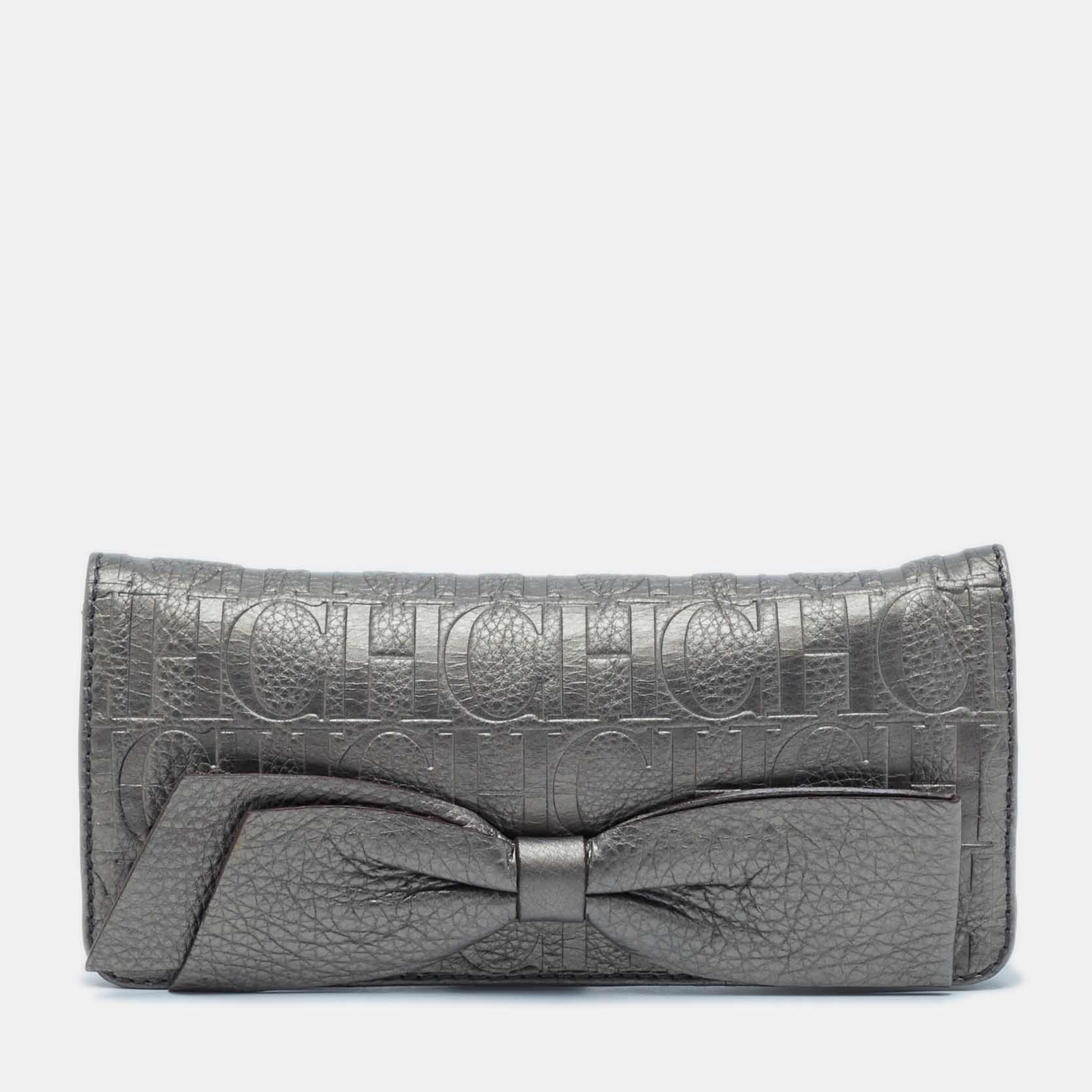 

Carolina Herrera Metallic Monogram Embossed Leather Audrey Clutch