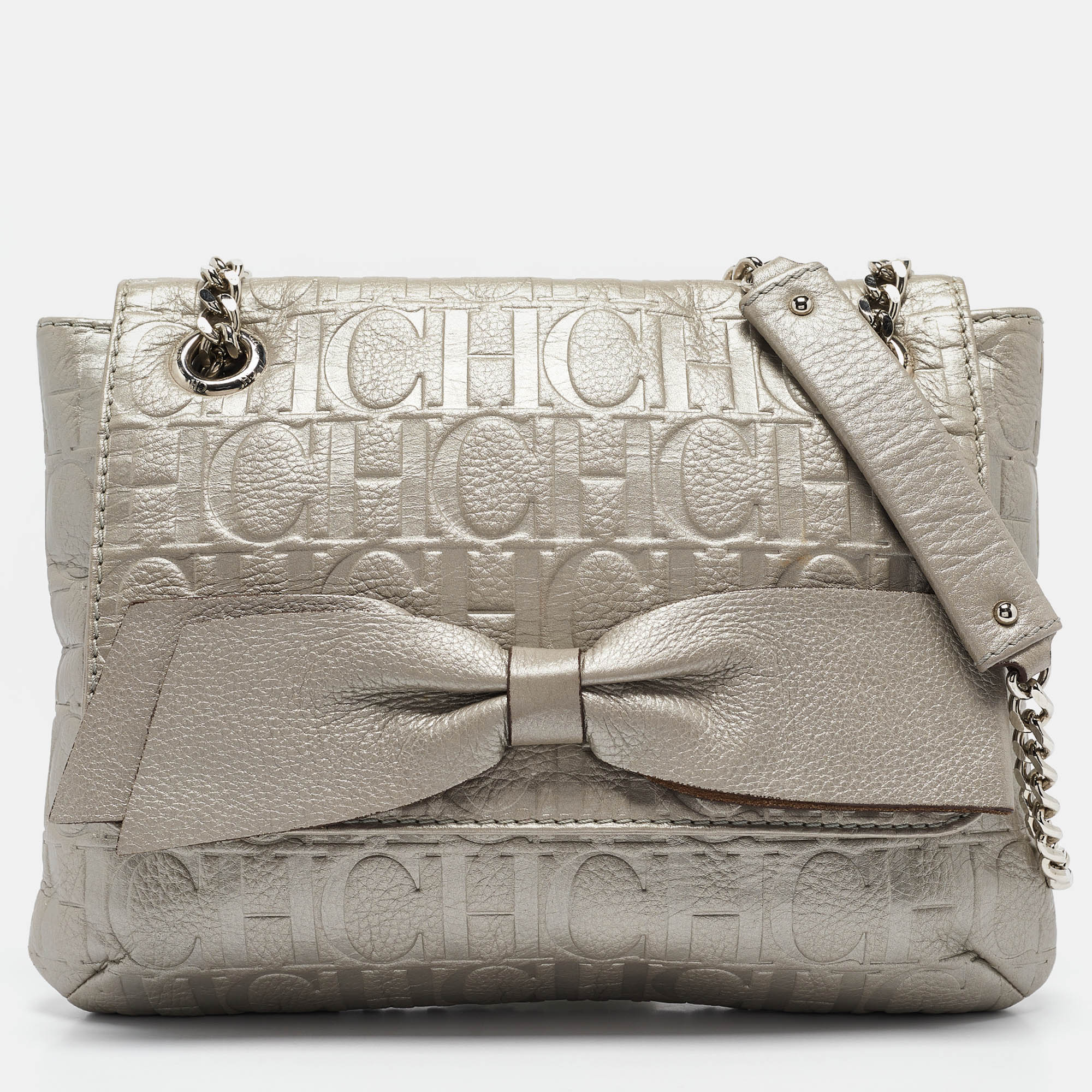 

Carolina Herrera Silver Monogram Embossed Leather Audrey Shoulder Bag