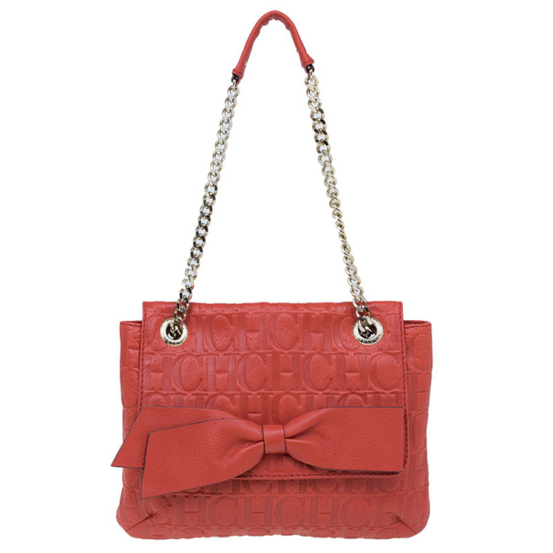 Pre Owned Carolina Herrera Orange Monogram Leather Audrey Shoulder Bag