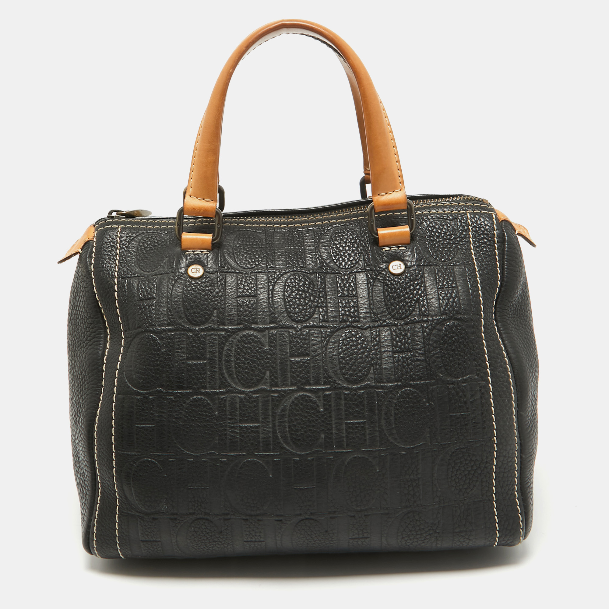 

Carolina Herrera Black/Beige Monogram Embossed Leather Andy Boston Bag