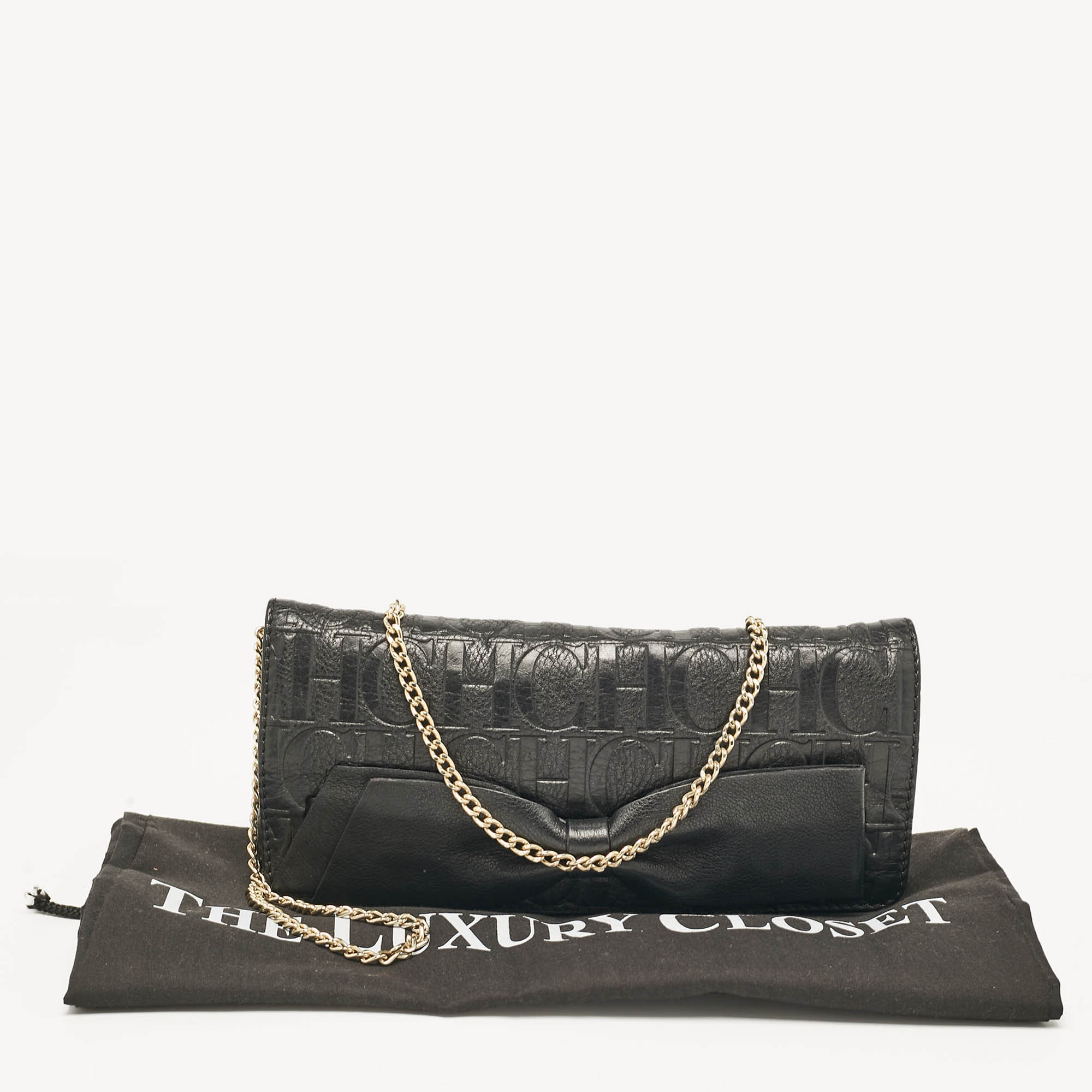 Carolina Herrera Black Monogram Embossed Leather Bow Flap Chain Clutch 
