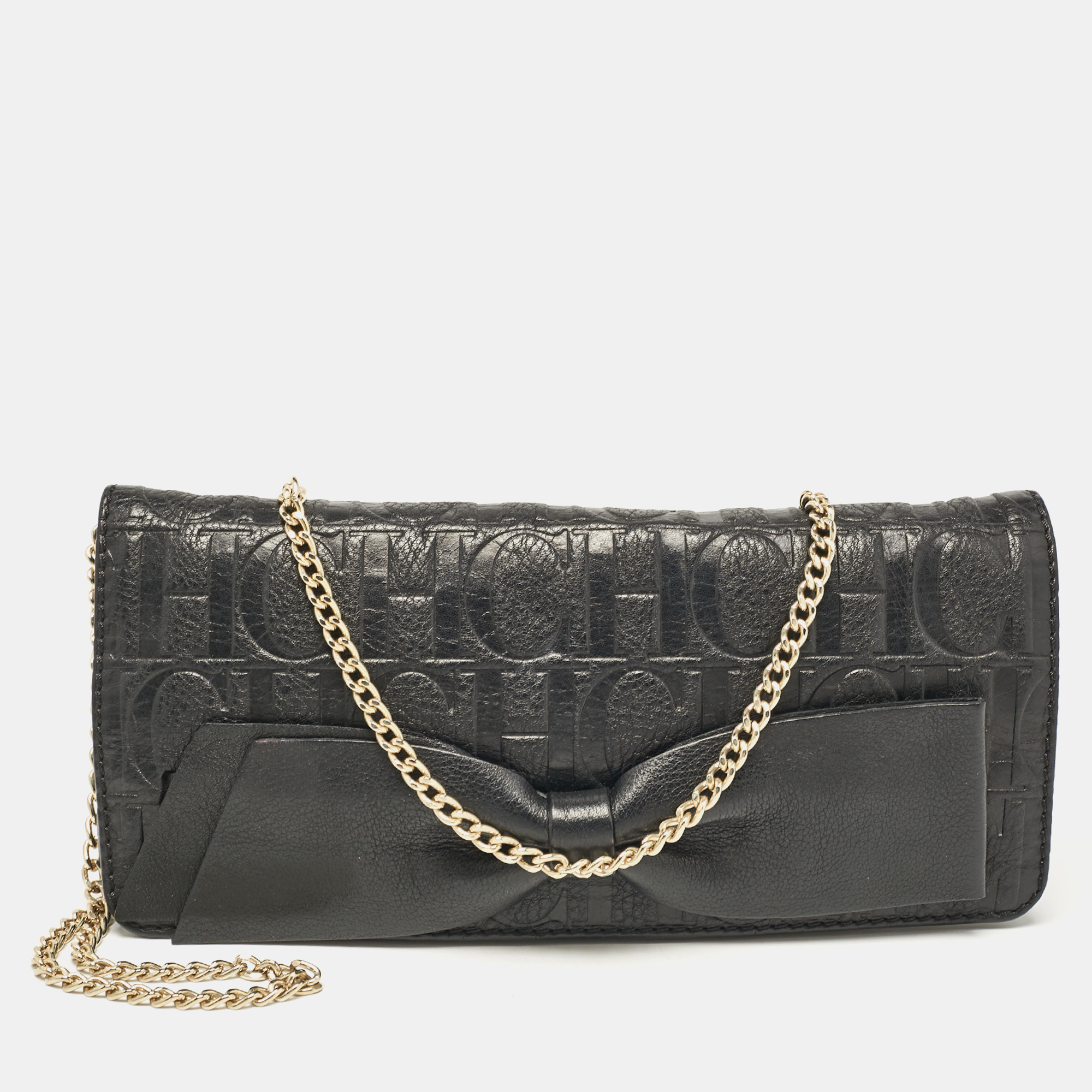 

Carolina Herrera Black Monogram Embossed Leather Bow Flap Chain Clutch