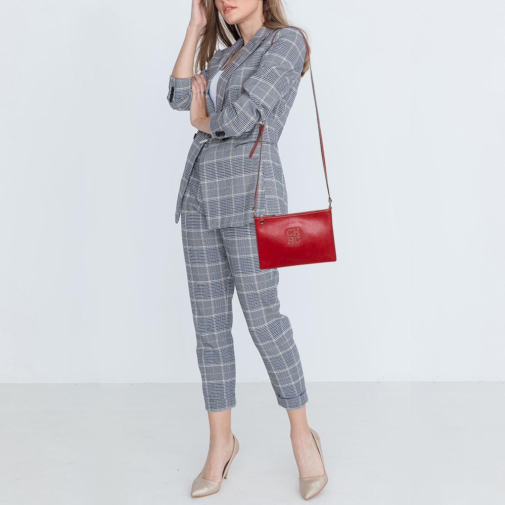 Carolina Herrera Red Leather Logo Zip Crossbody Bag 