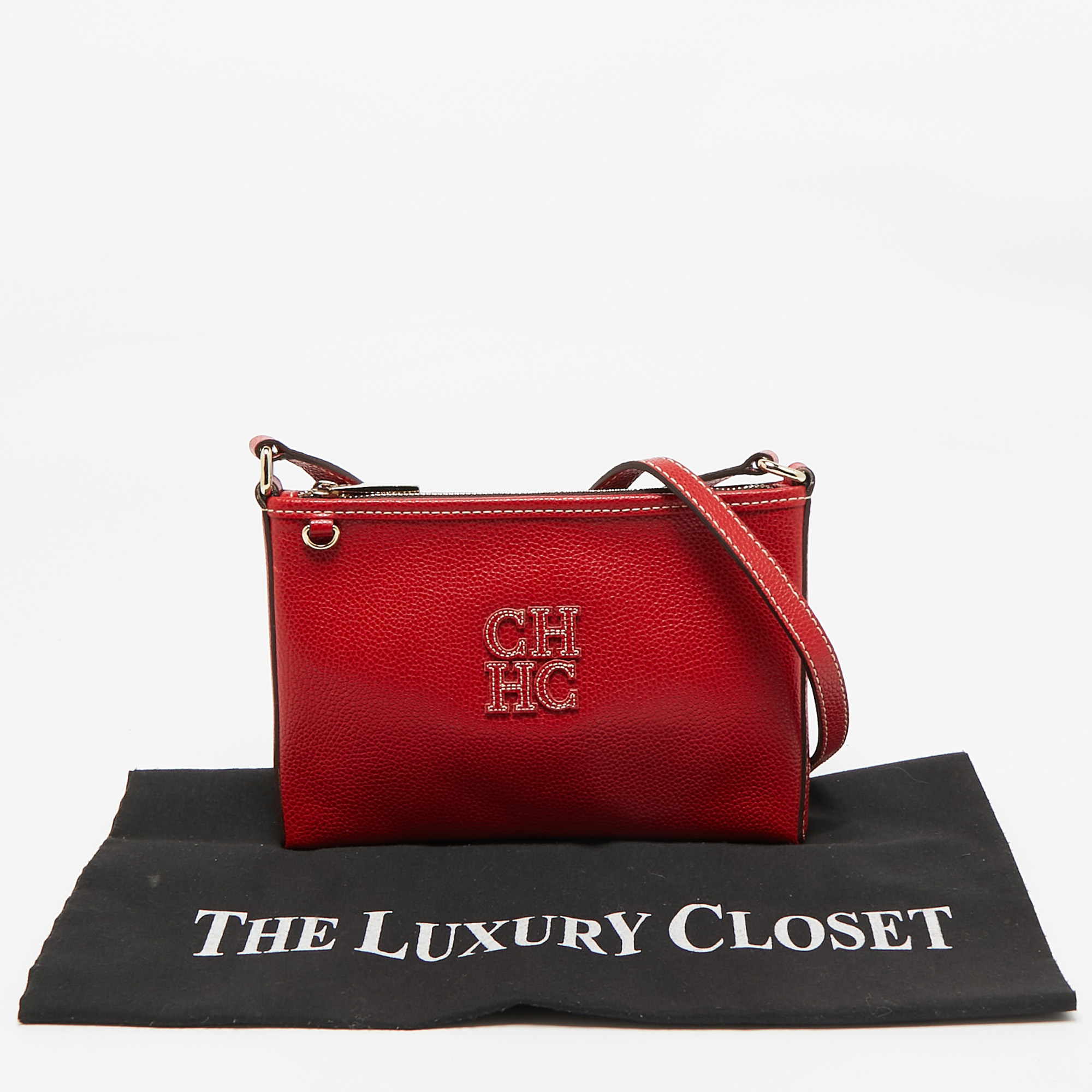 Carolina Herrera Red Leather Logo Zip Crossbody Bag 