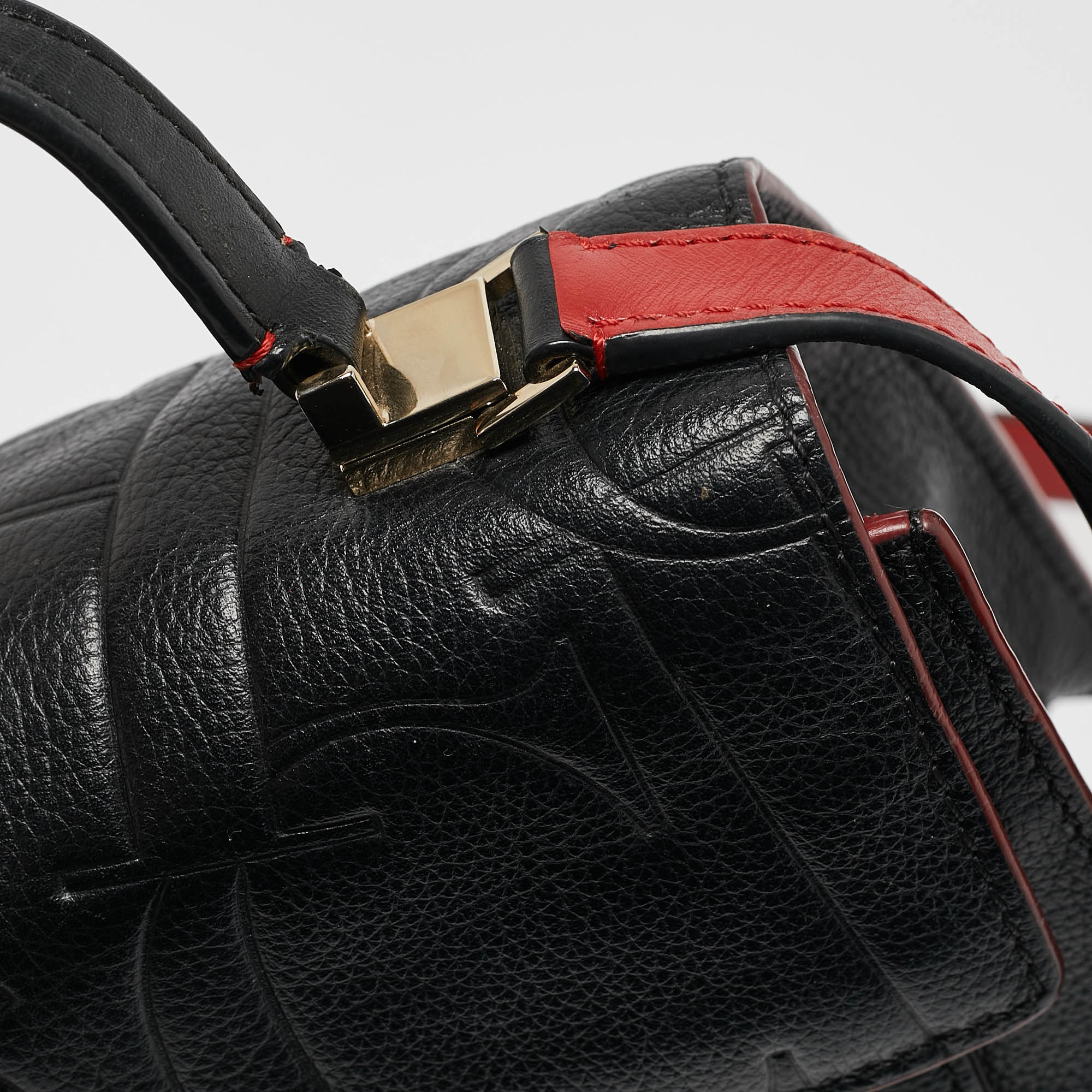 Carolina Herrera Black Embossed Leather Pushlock Flap Top Handle Bag 