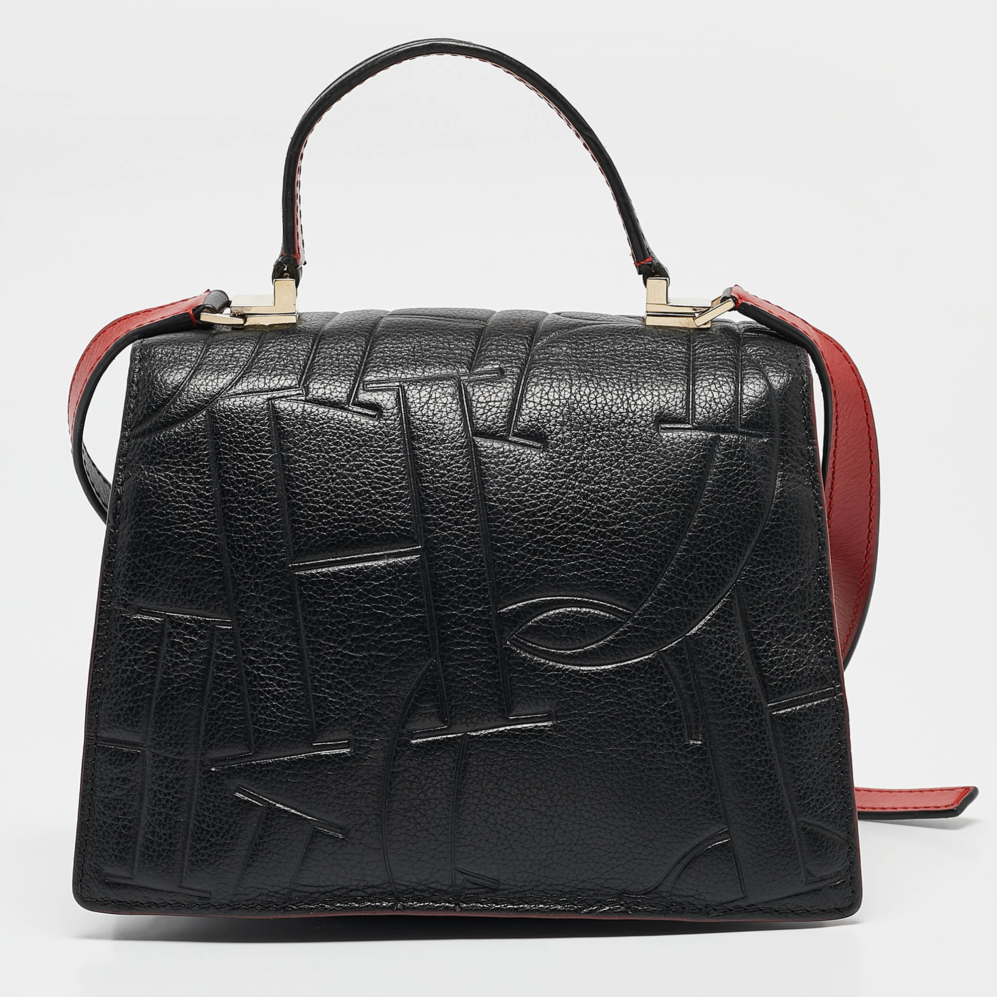 Carolina Herrera Black Embossed Leather Pushlock Flap Top Handle Bag 