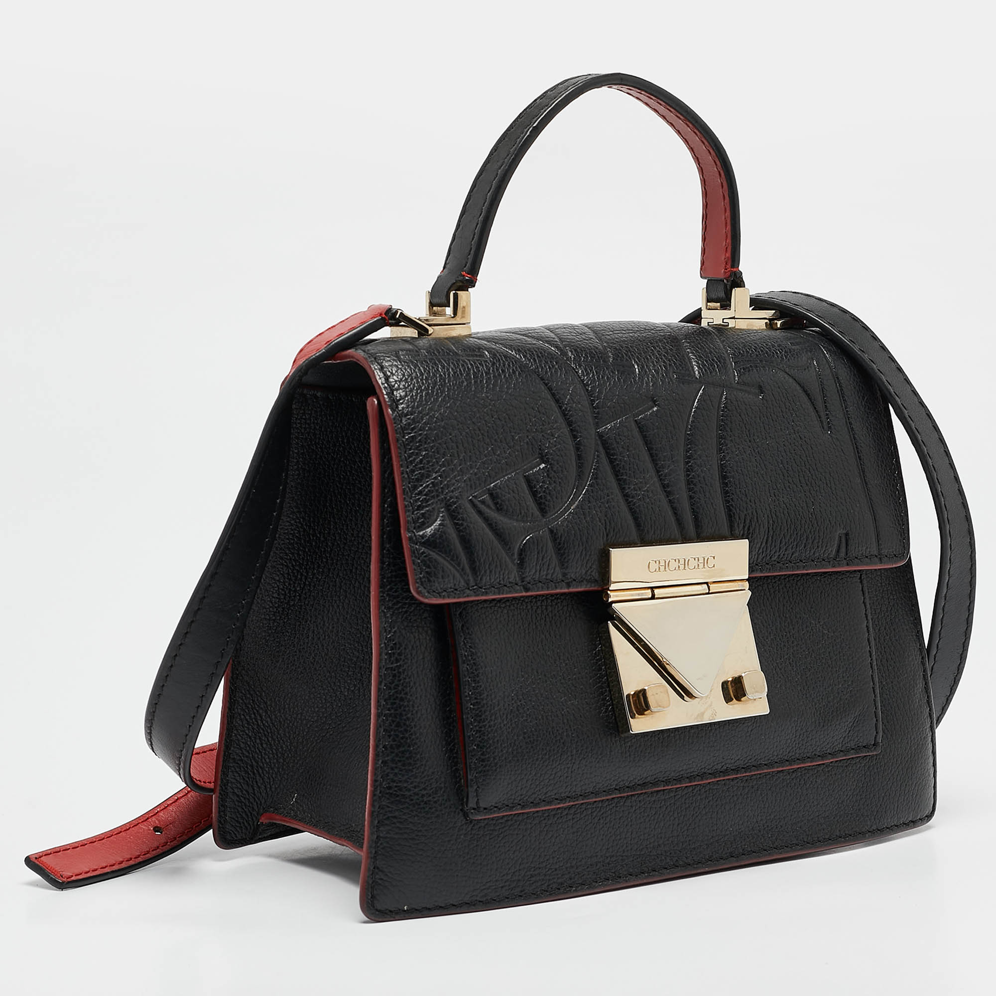 Carolina Herrera Black Embossed Leather Pushlock Flap Top Handle Bag 