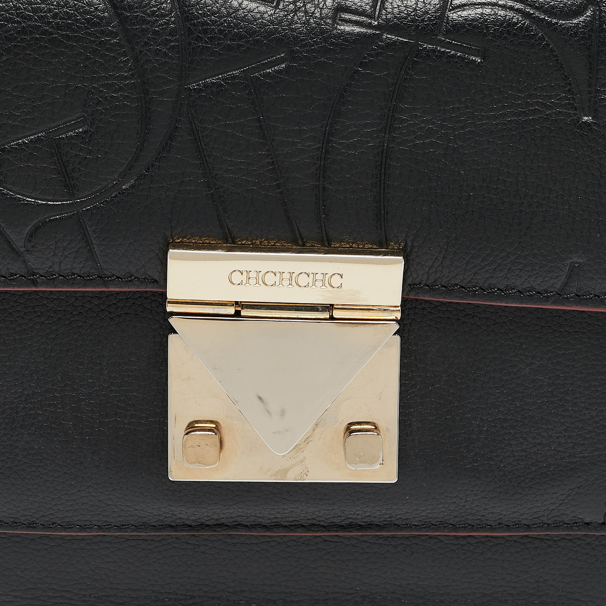 Carolina Herrera Black Embossed Leather Pushlock Flap Top Handle Bag 