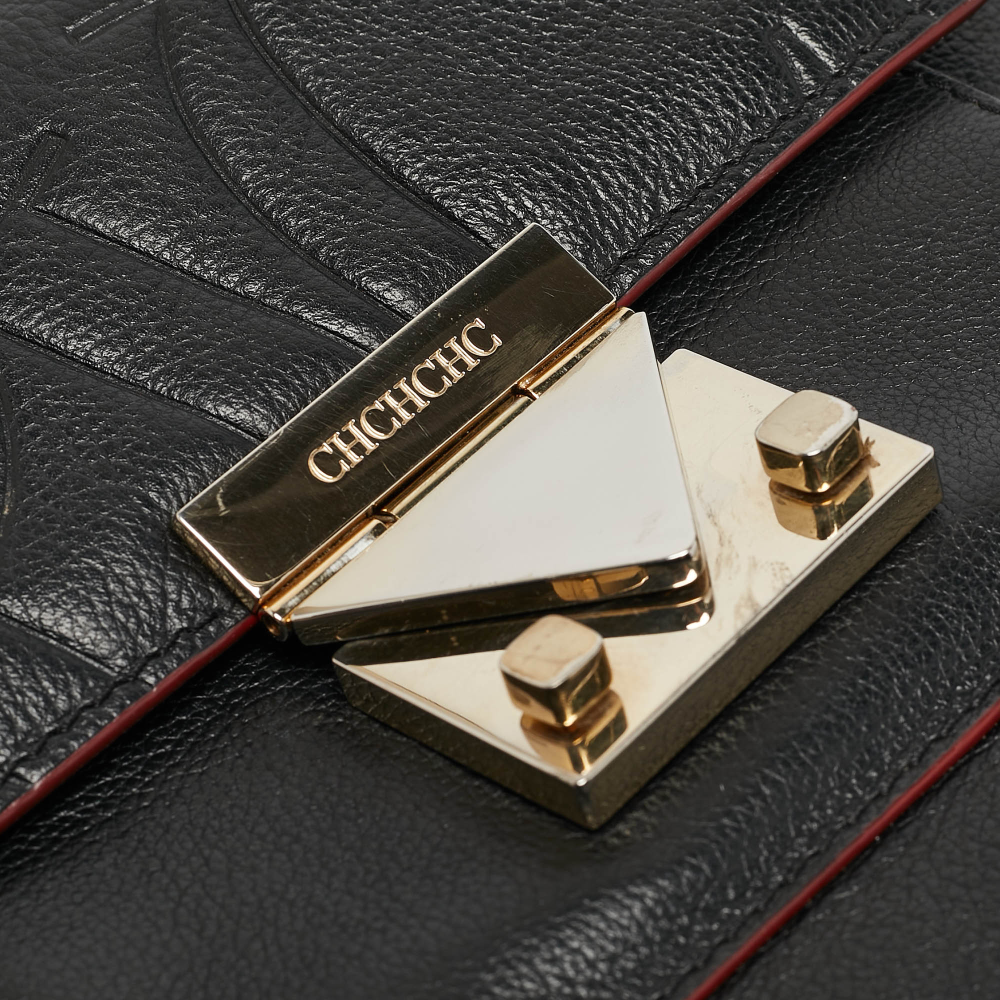 Carolina Herrera Black Embossed Leather Pushlock Flap Top Handle Bag 