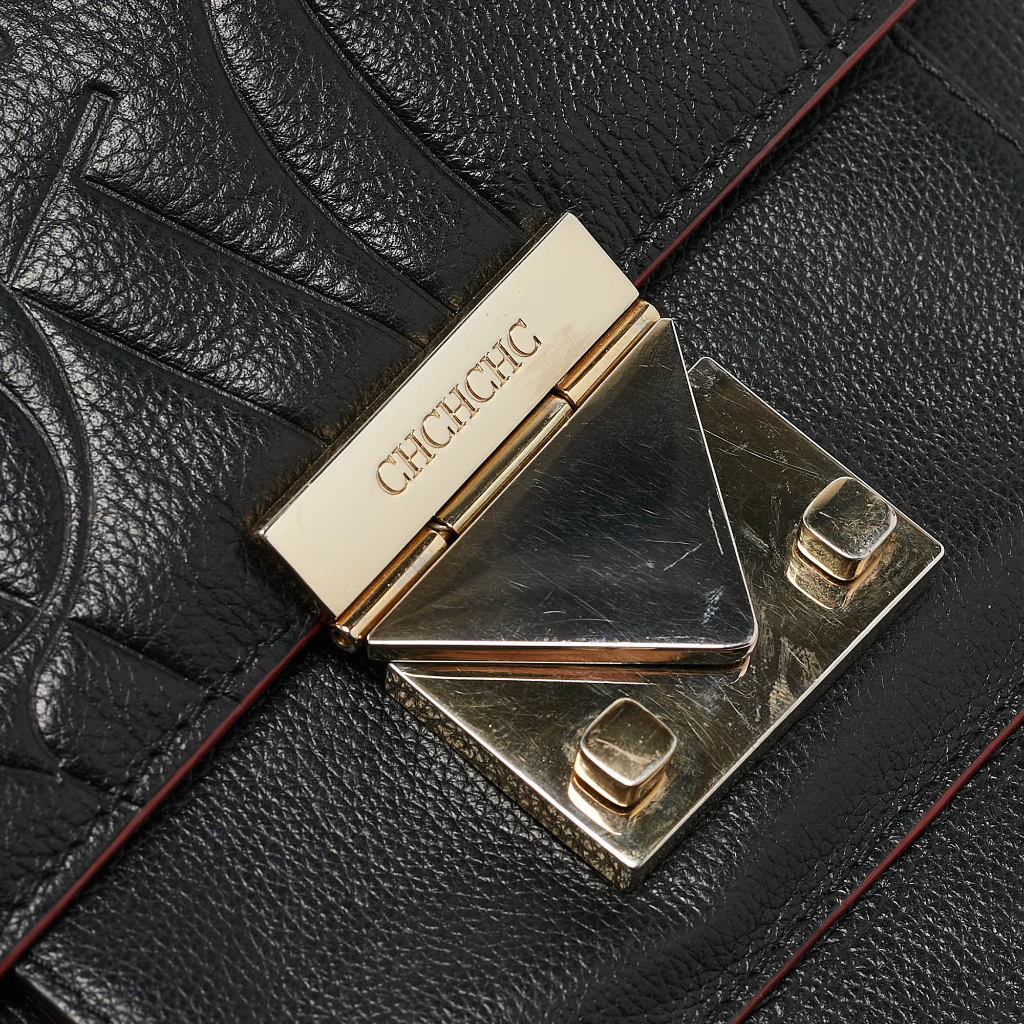 Carolina Herrera Black Embossed Leather Pushlock Flap Top Handle Bag 