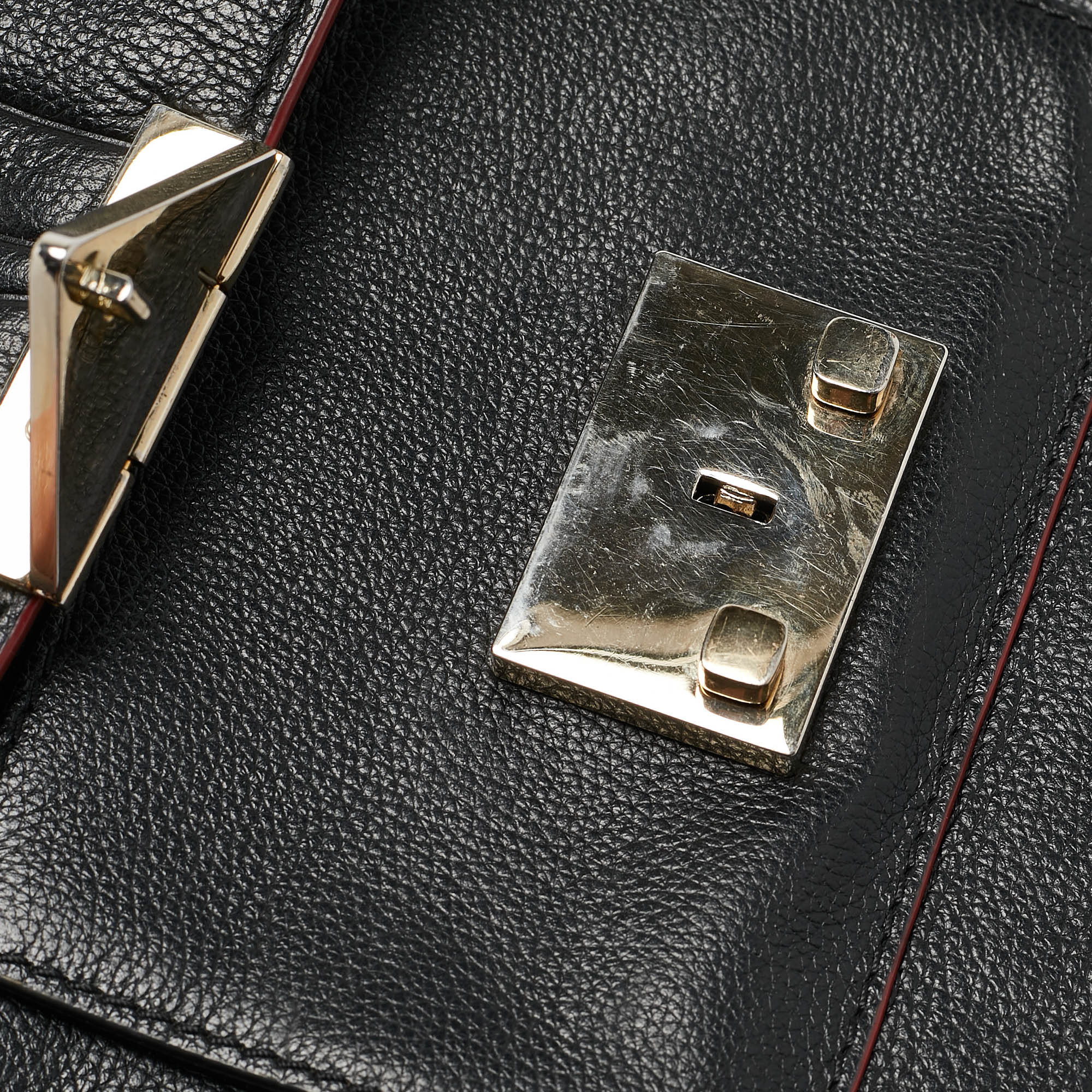 Carolina Herrera Black Embossed Leather Pushlock Flap Top Handle Bag 