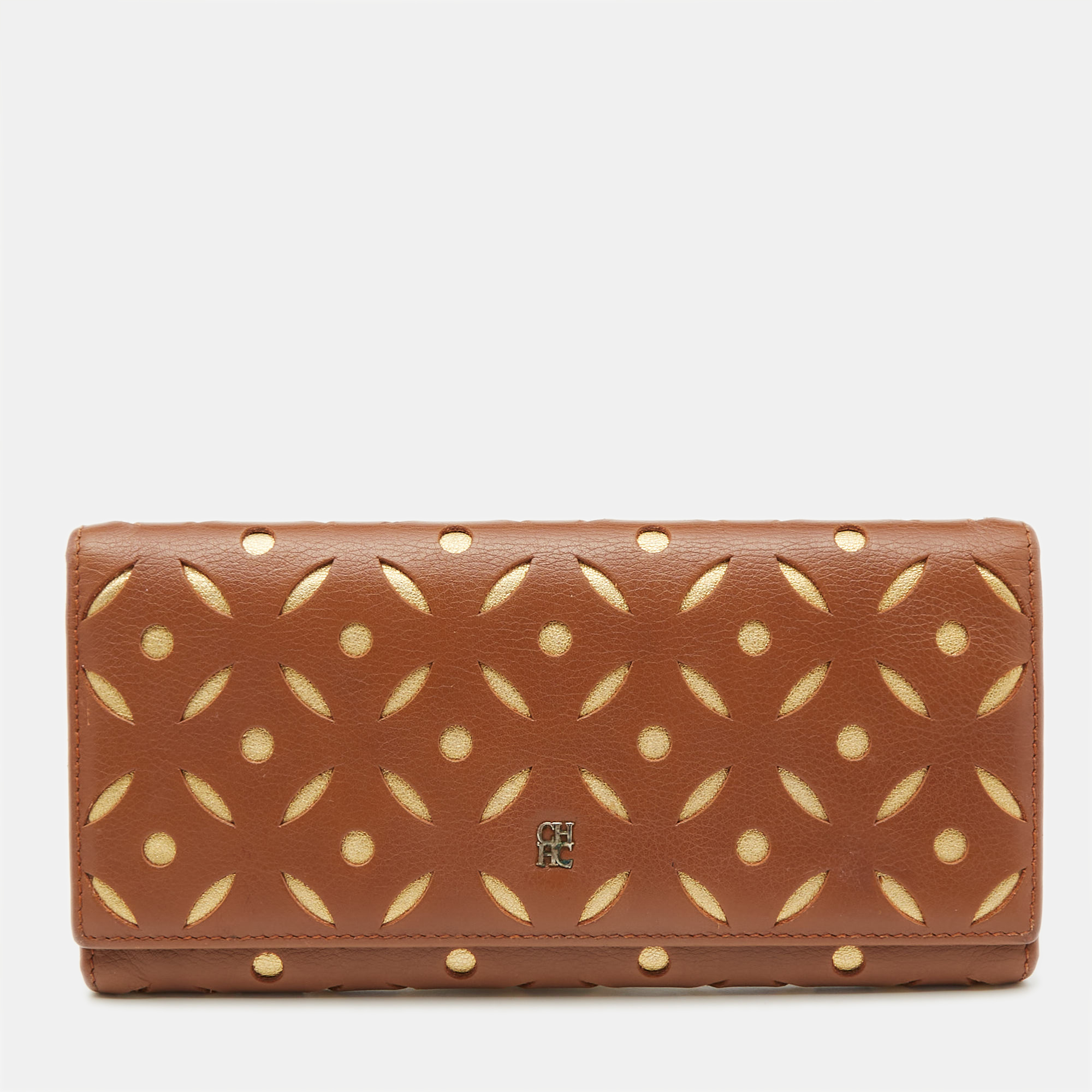 

Carolina Herrera Brown/Gold Leather Lasercut Flap Continental Wallet