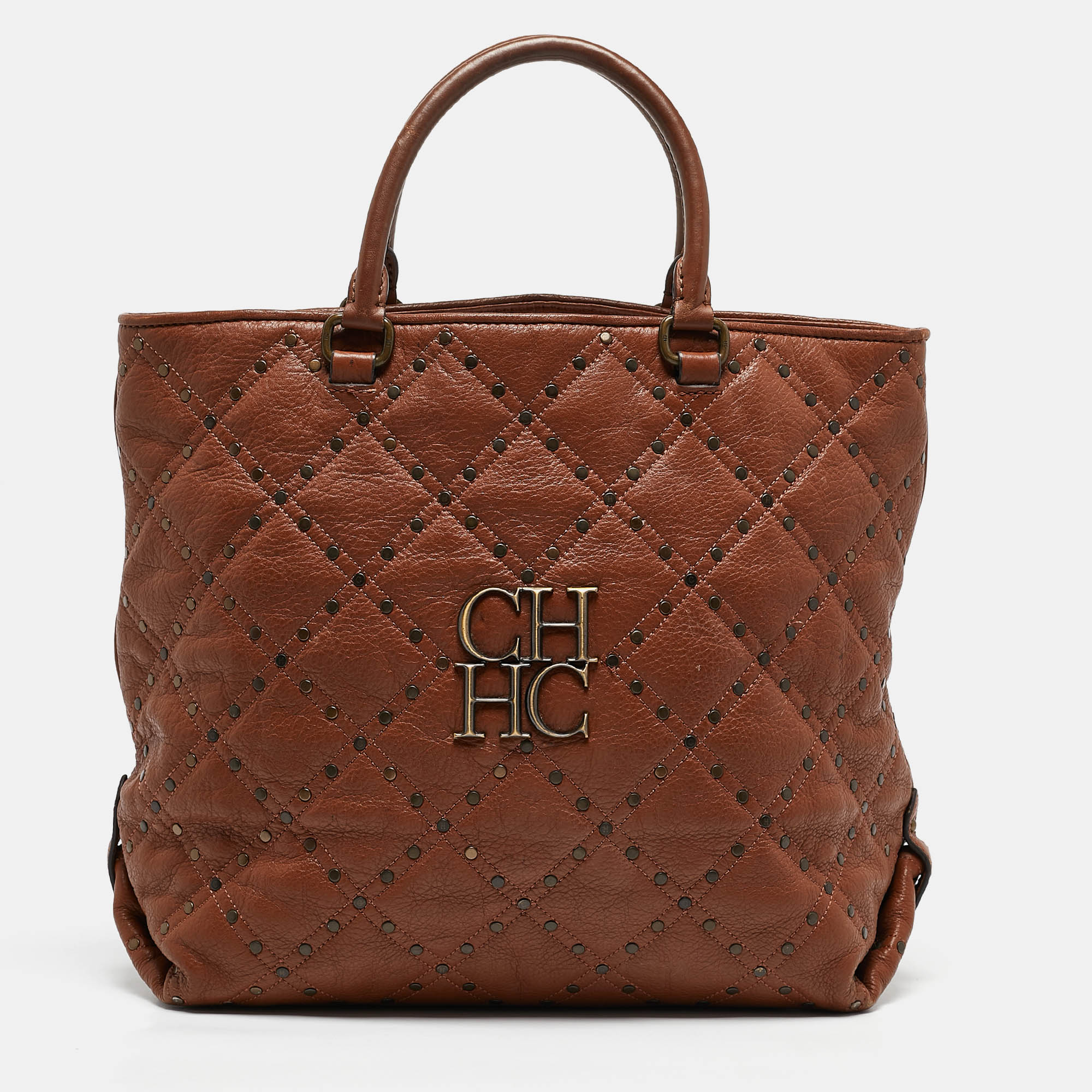 

Carolina Herrera Brown Quilted Leather Studded Logo Tote