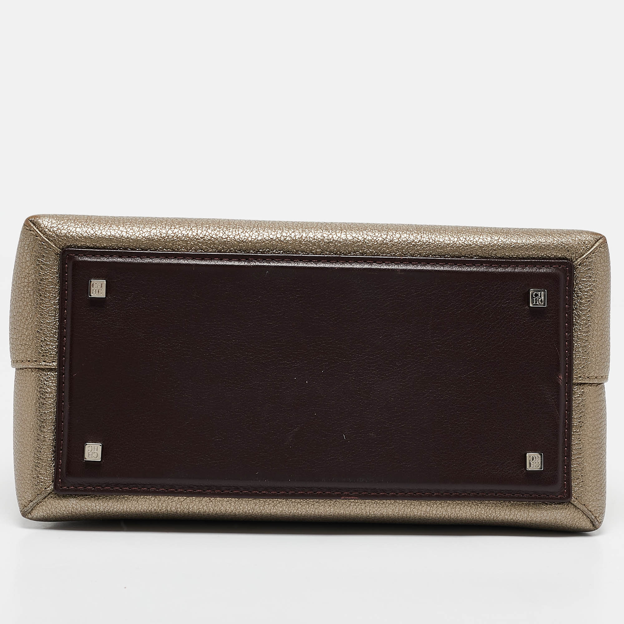 Carolina Herrera Gold Monogram Embossed Leather Flap Top Handle Bag 