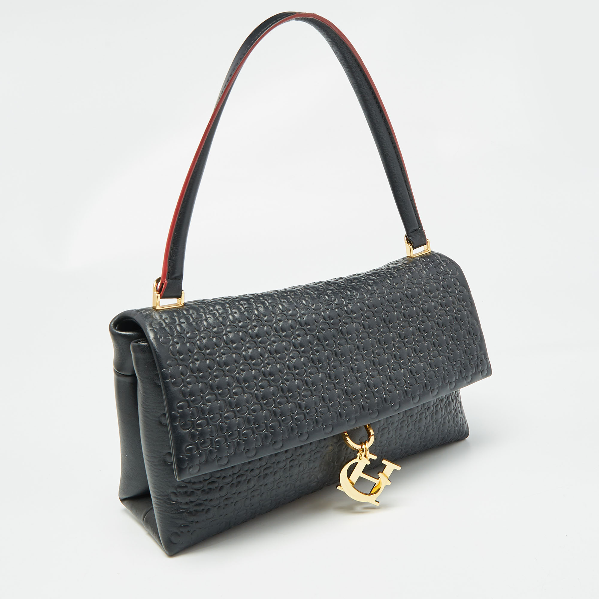 Carolina Herrera Black Embossed Leather Camelot Top Handle Bag 