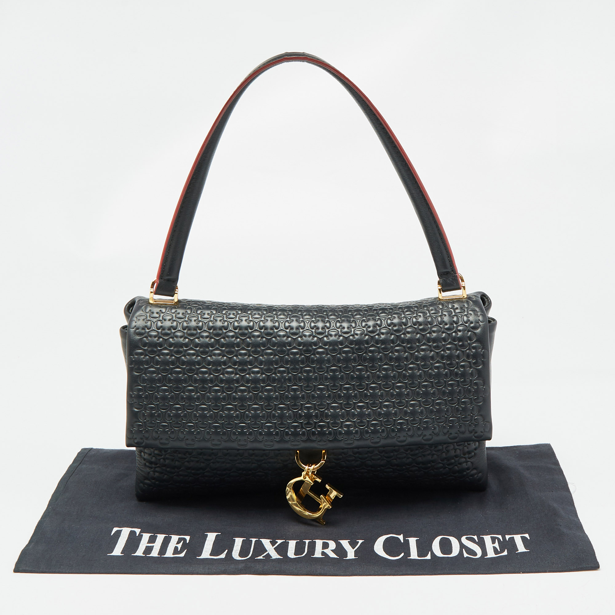 Carolina Herrera Black Embossed Leather Camelot Top Handle Bag 
