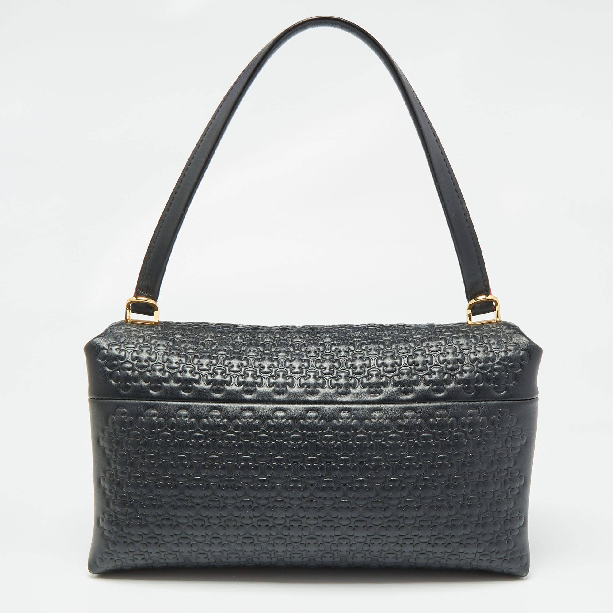 Carolina Herrera Black Embossed Leather Camelot Top Handle Bag 
