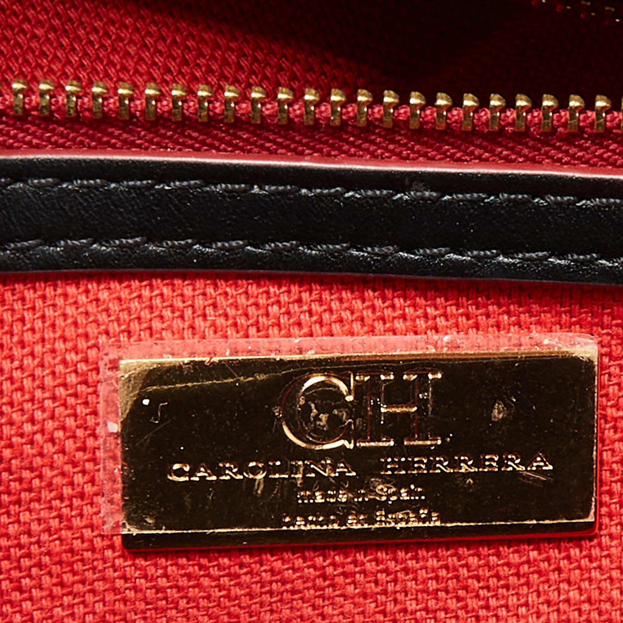 Carolina Herrera Black Embossed Leather Camelot Top Handle Bag 