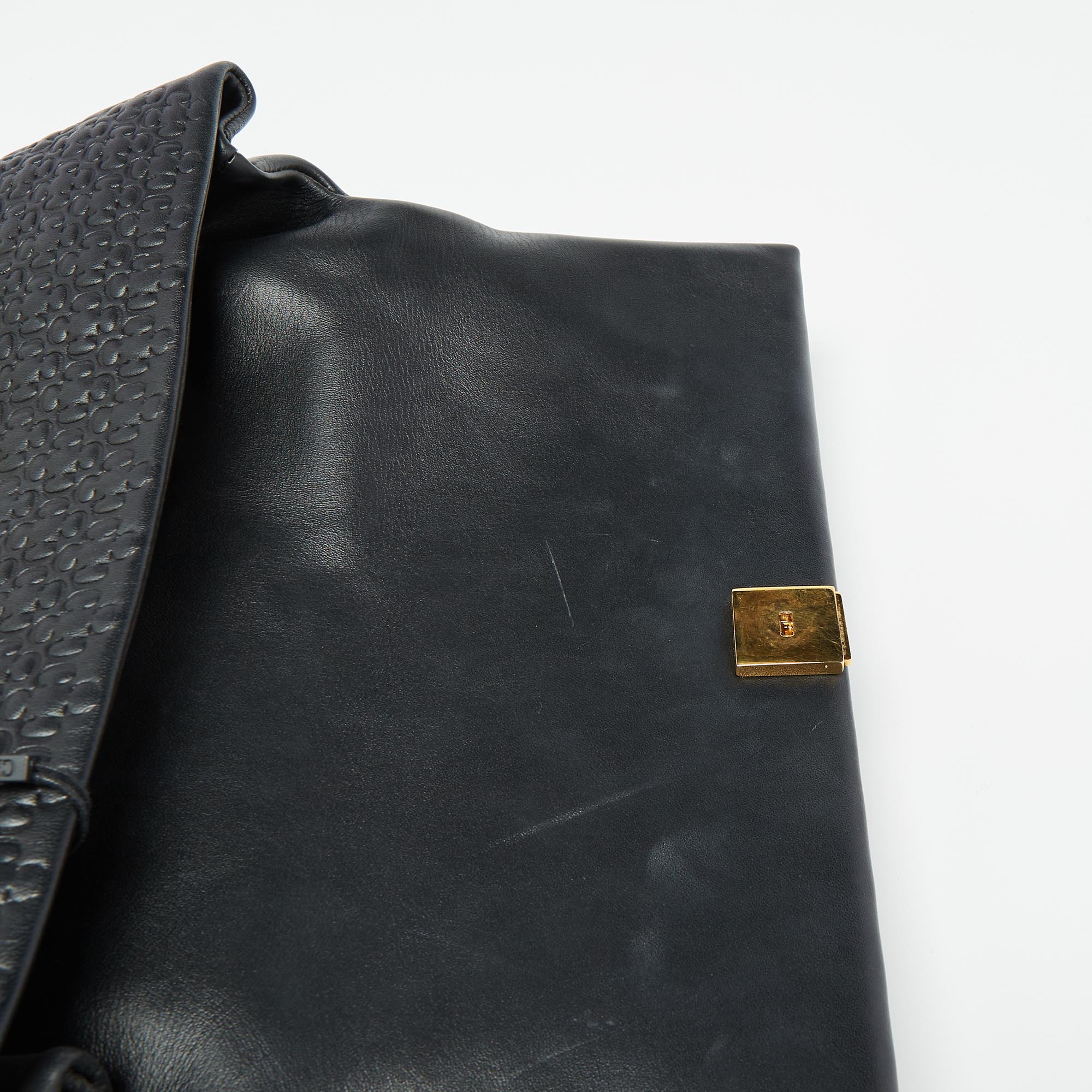 Carolina Herrera Black Embossed Leather Camelot Top Handle Bag 