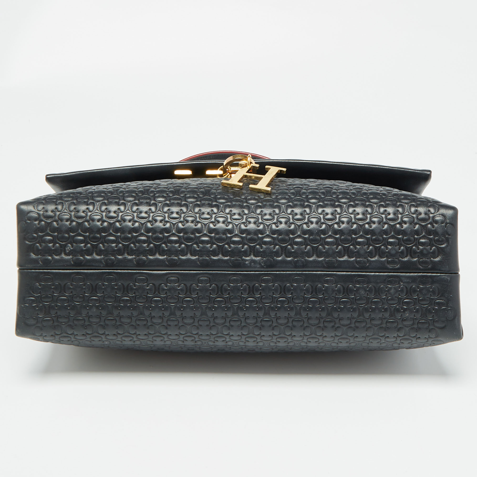 Carolina Herrera Black Embossed Leather Camelot Top Handle Bag 