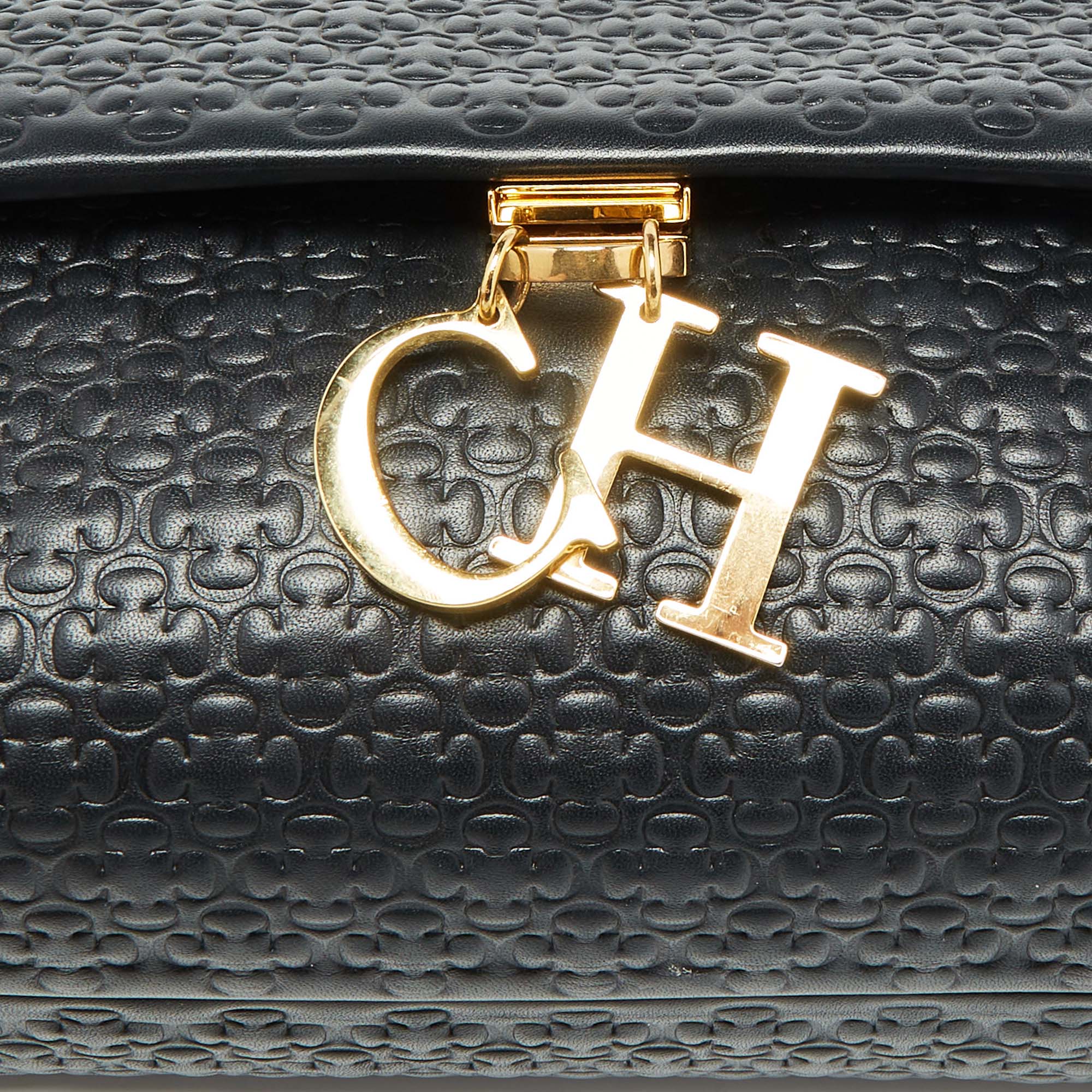 Carolina Herrera Black Embossed Leather Camelot Top Handle Bag 