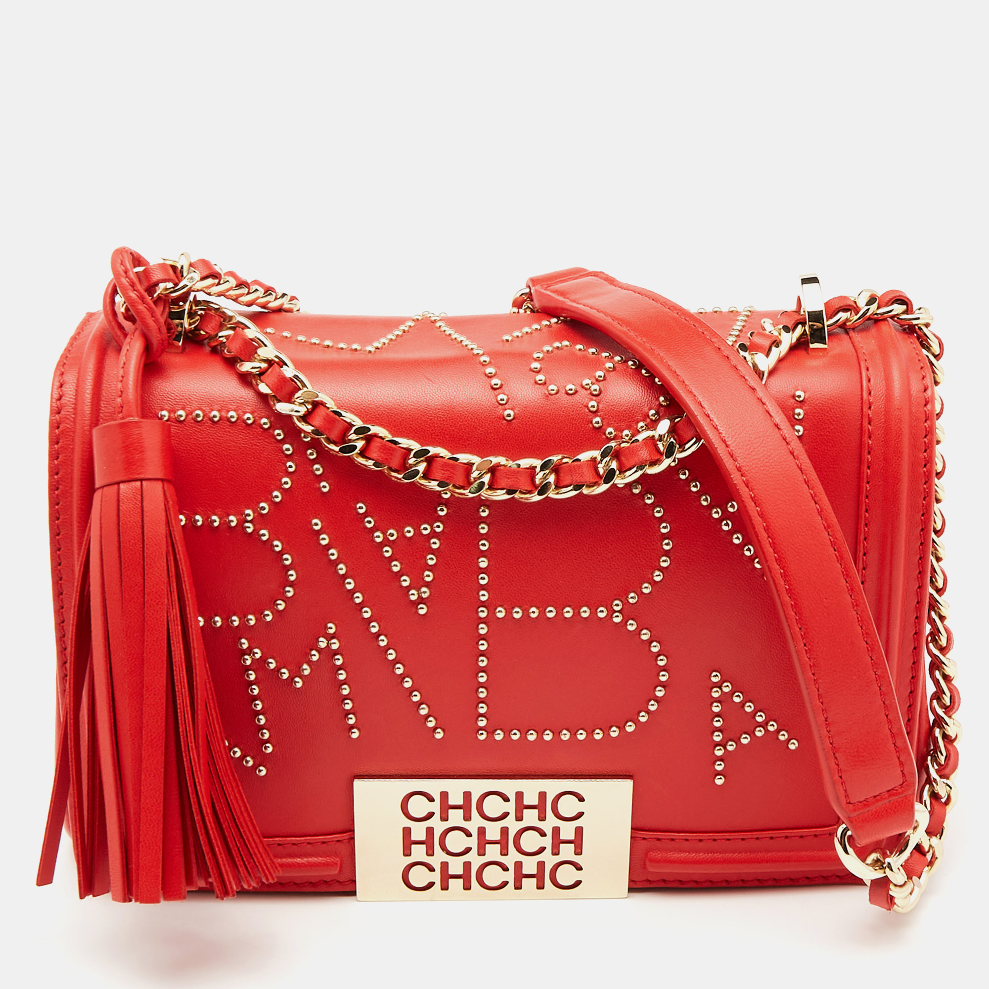 

Carolina Herrera Red Leather Studded Bimba Shoulder Bag