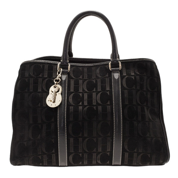 Pre Owned Carolina Herrera Black Monogram Leather Tote