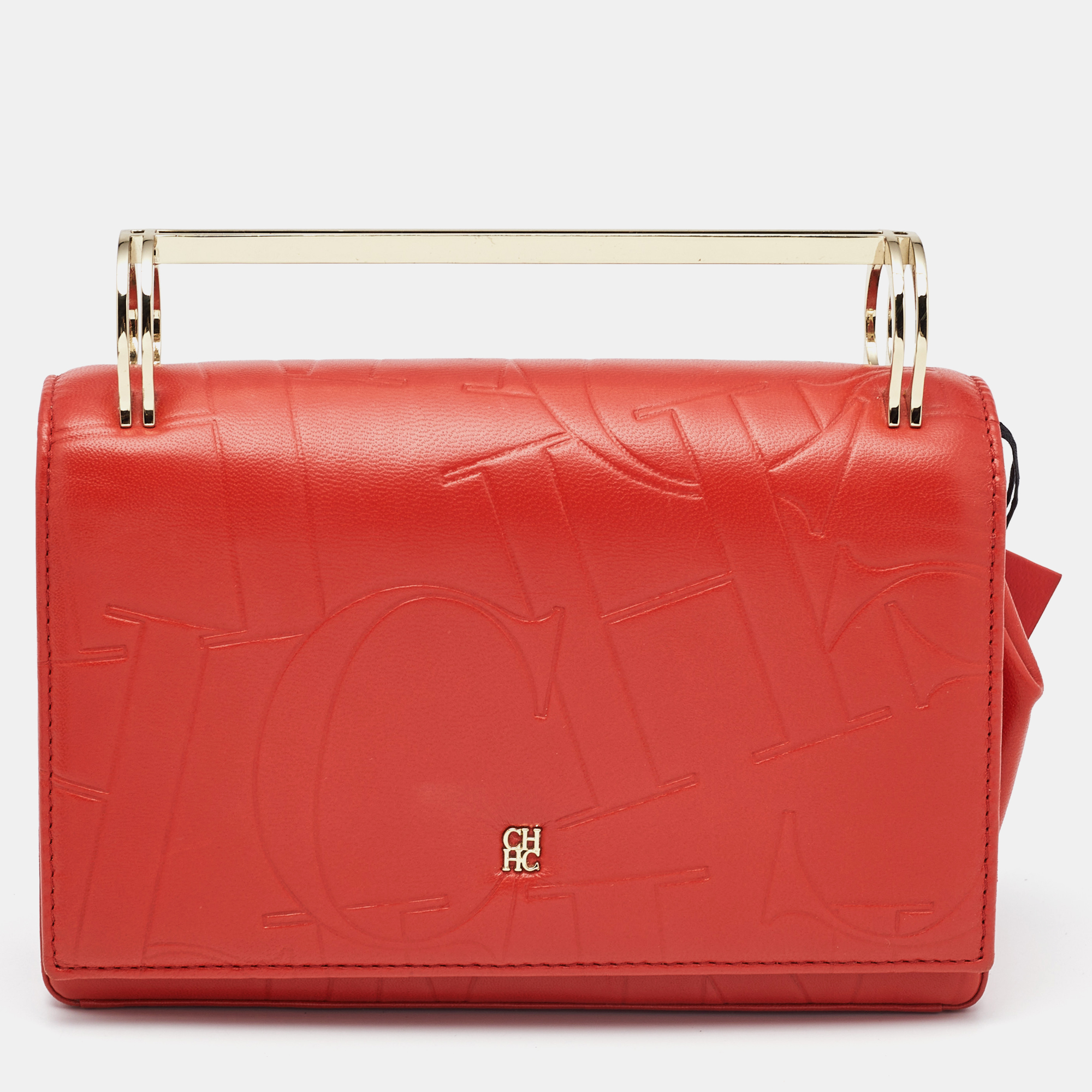 

Carolina Herrera Red Logo Embossed Leather Insignia Top Handle Bag