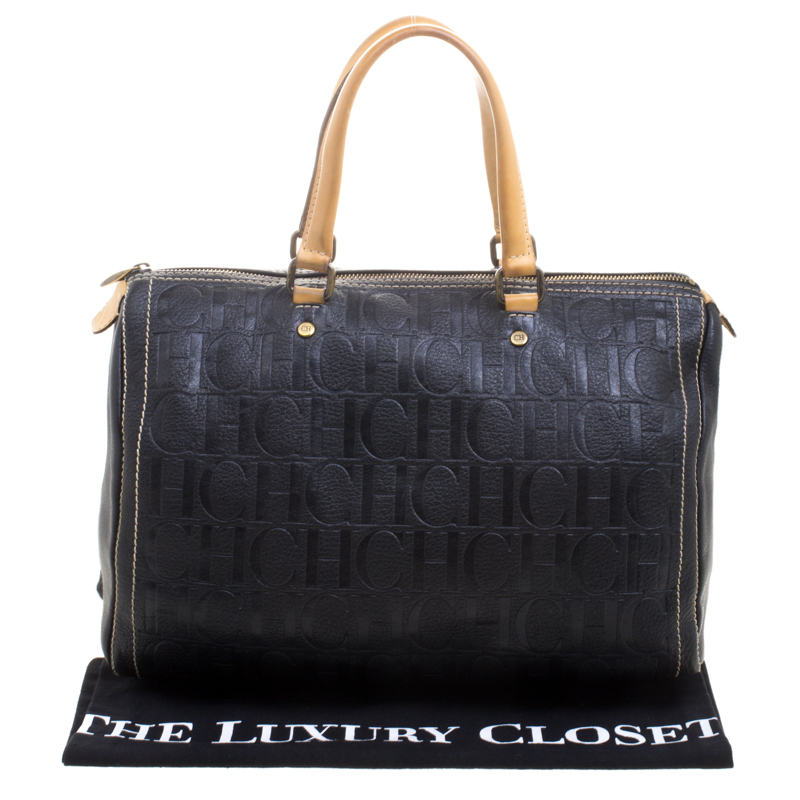Carolina Herrera Black Monogram Leather large Andy Boston Bag Carolina