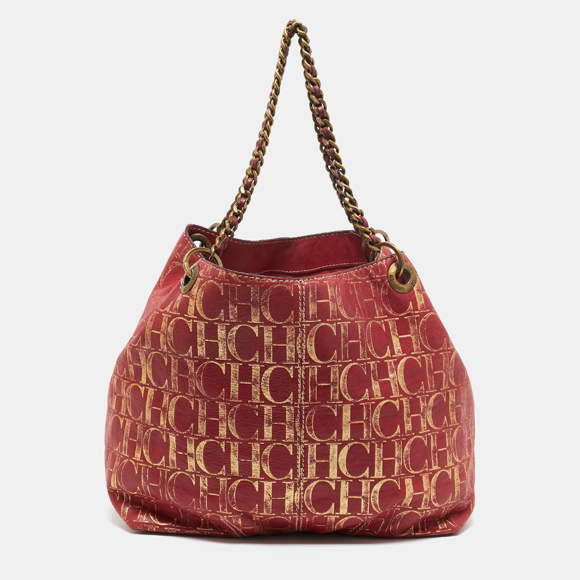 

Carolina Herrera Red/Gold Monogram Leather Chain Tote