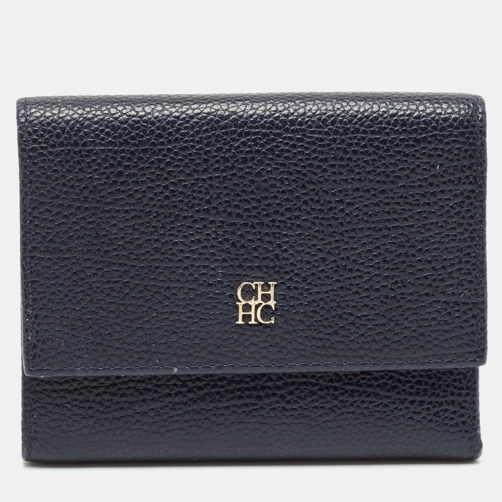 

Carolina Herrera Navy Blue Leather Logo Trifold Wallet