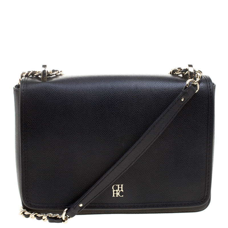 Pre Owned Carolina Herrera Black Leather Flap Shoulder Bag