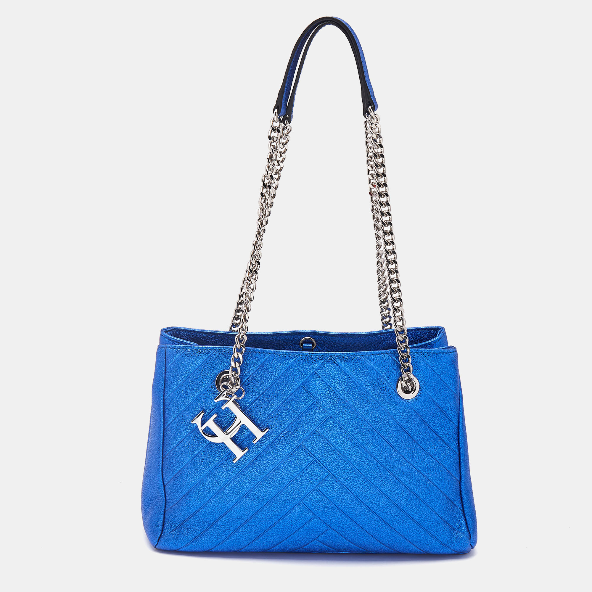 

Carolina Herrera Blue Quilted Leather Logo Charm Chain Tote