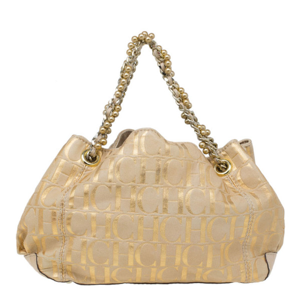 Pre Owned Carolina Herrera Gold Monogram Chain Handle Bag