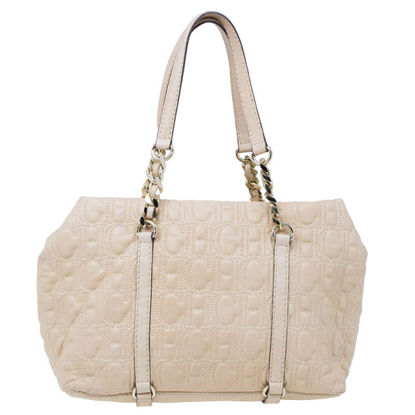 Pre Owned Carolina Herrera Beige Monogram Embossed Tote