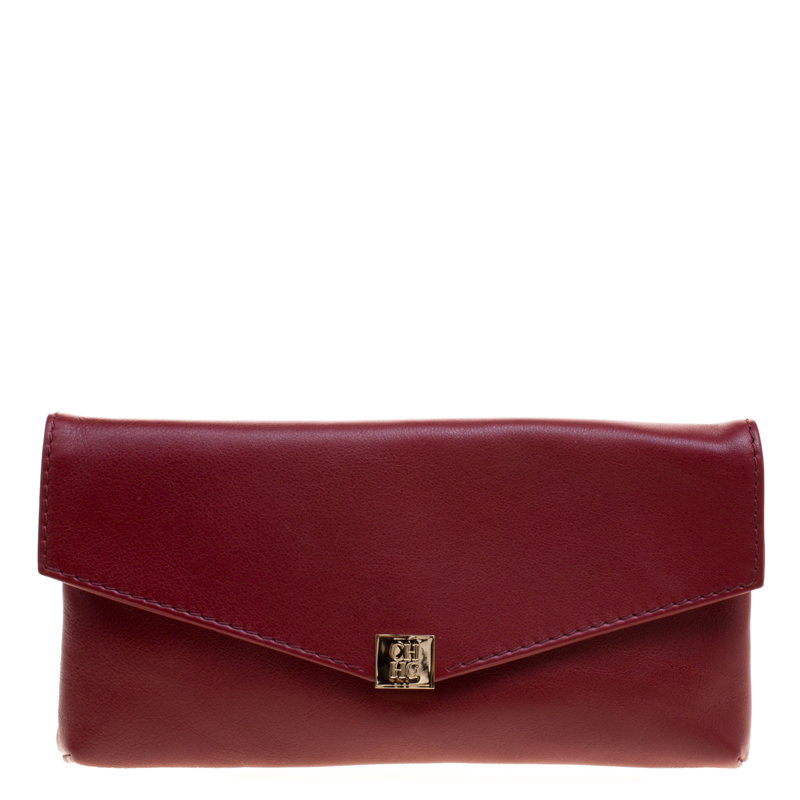 Pre Owned Carolina Herrera Burgundy Leather Clutch
