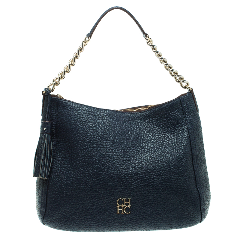 Pre Owned Carolina Herrera Navy Blue Grain Leather Maria Shoulder Bag