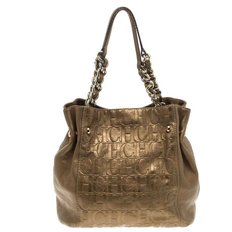 Carolina Herrera Gold Monogram Leather Tote