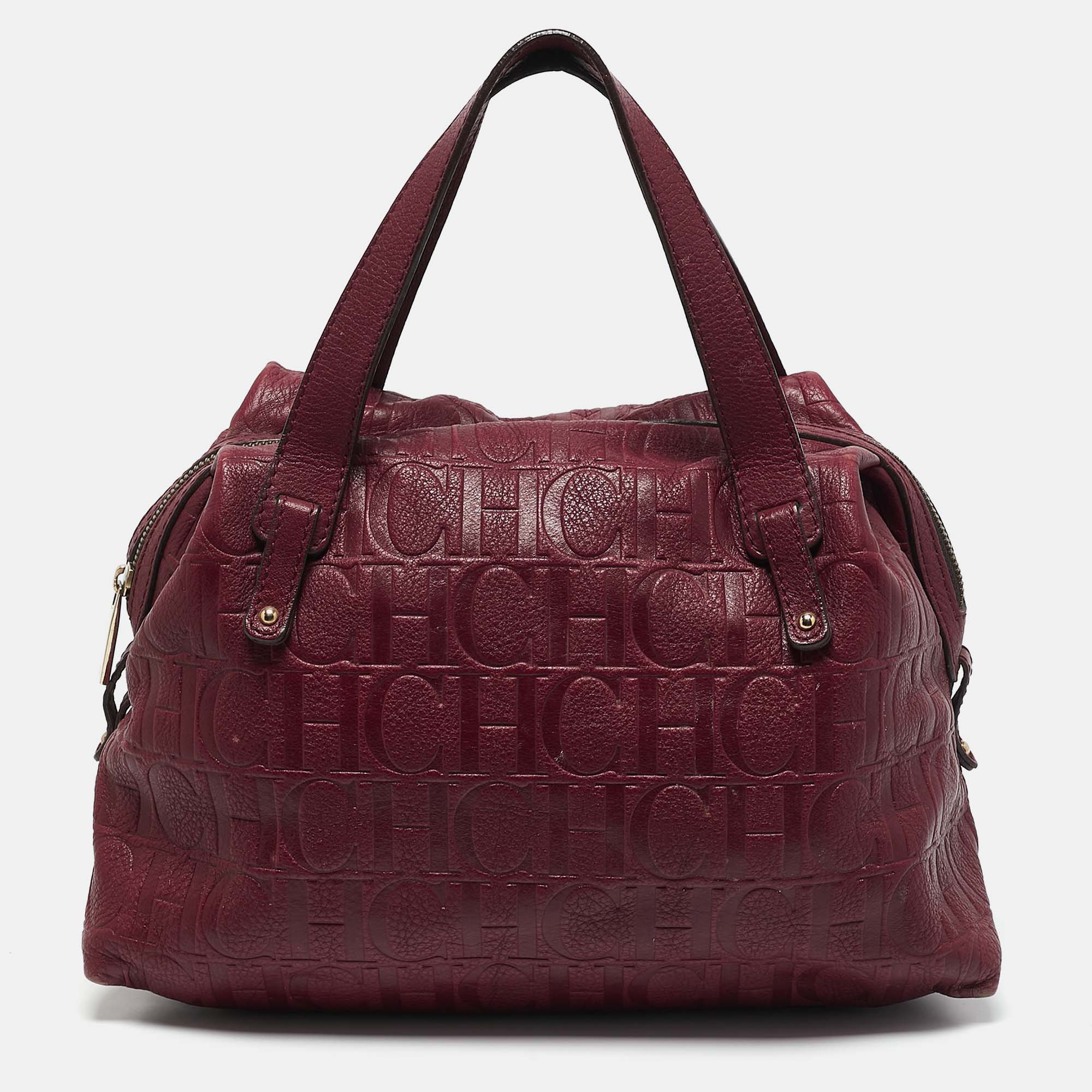 

Carolina Herrera Burgundy Monogram Embossed Leather Zip Satchel