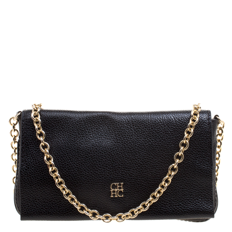 Pre Owned Carolina Herrera Black Leather Chain Flap Shoulder Bag