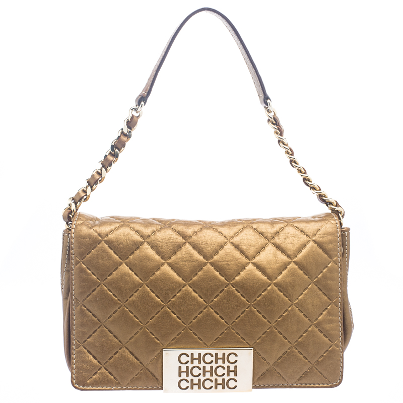 Pre Owned Carolina Herrera Gold Quilted Leather Shoulder Bag
