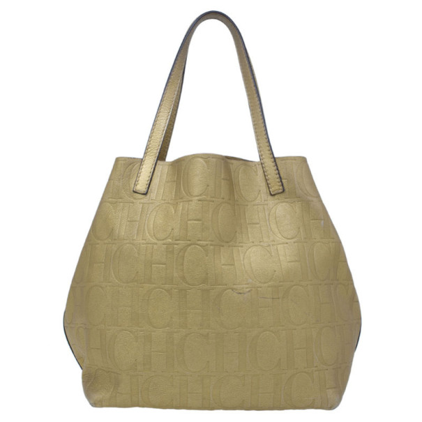 Pre Owned Carolina Herrera Gold Monogram Leather Matryoshka Tote