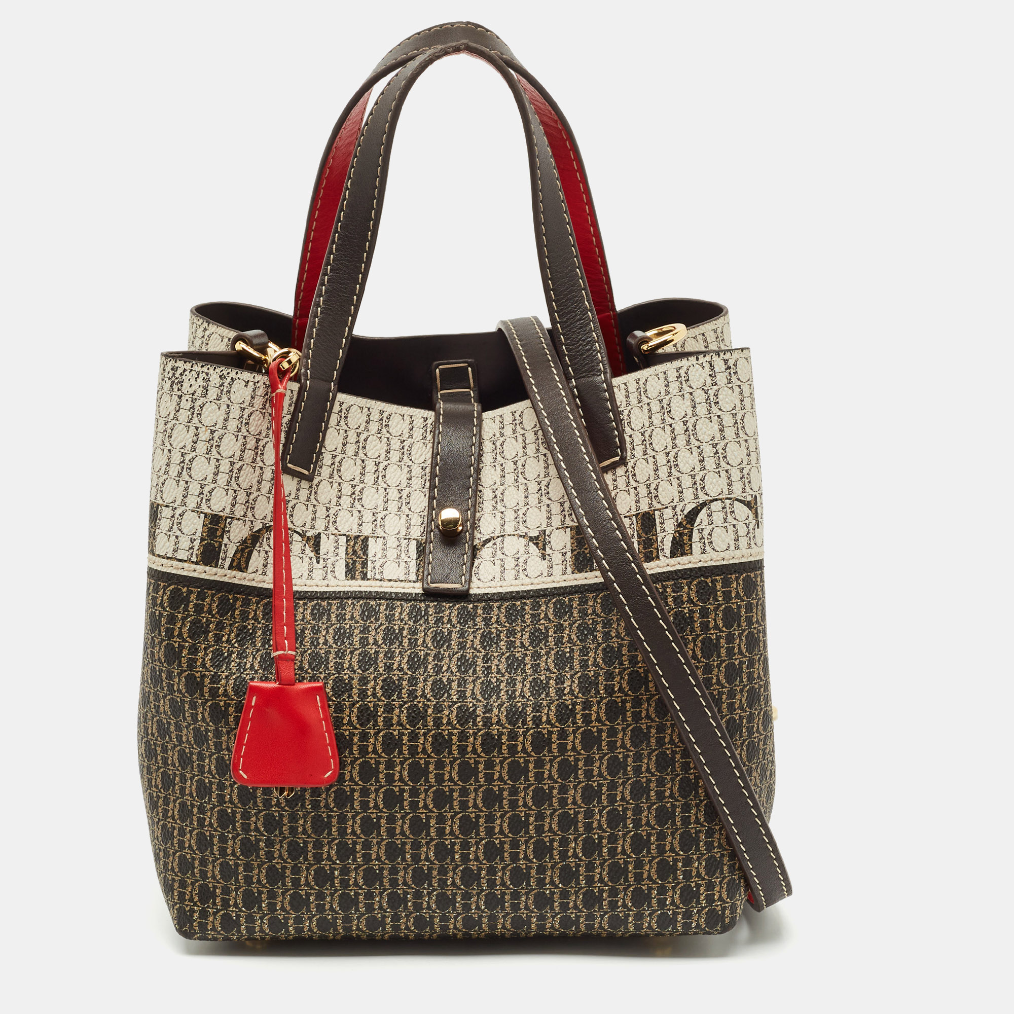 Pre-owned Carolina Herrera Brown/beige Monogram Coated Canvas And Leather Matryoshka Padlock Tote