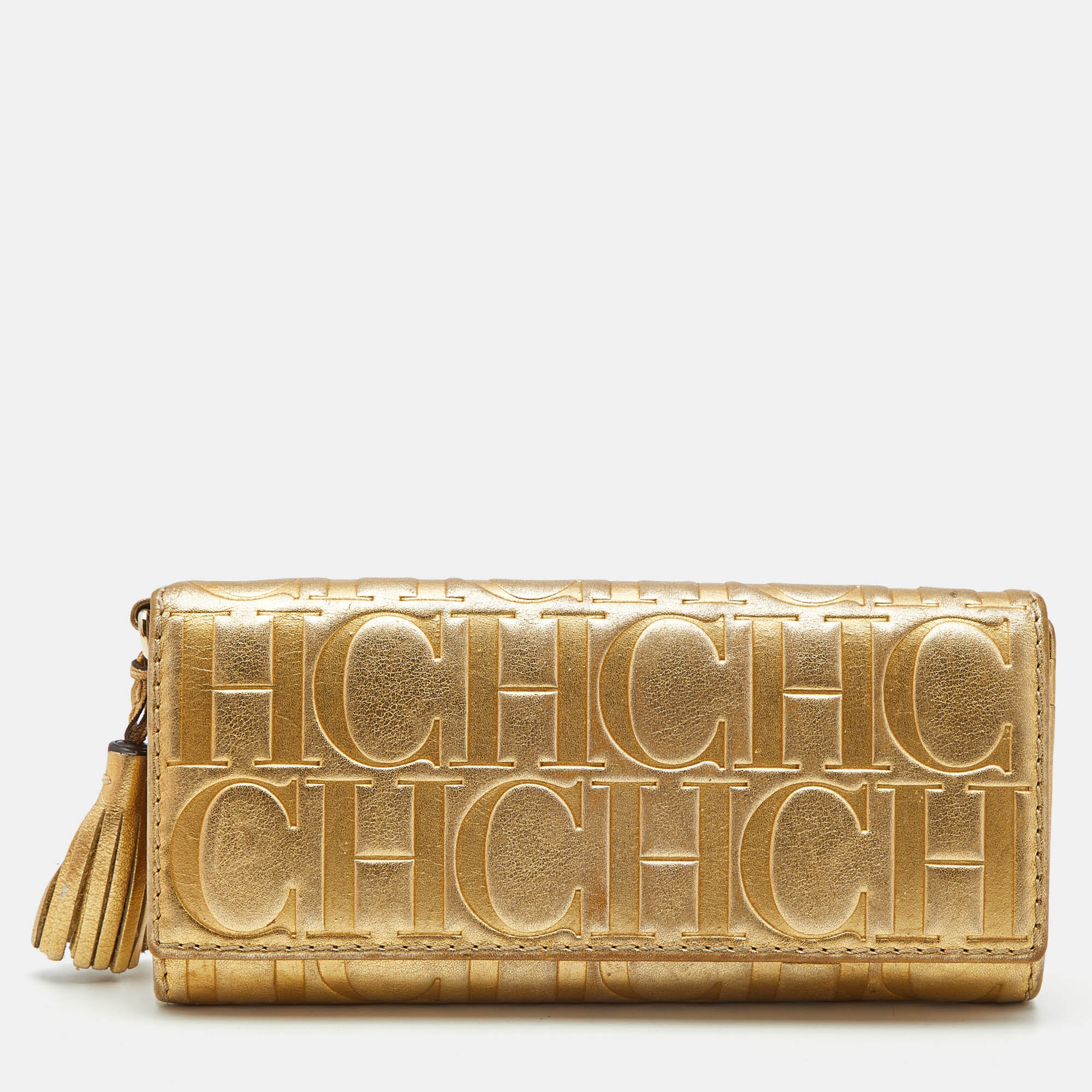 Pre-owned Carolina Herrera Gold Monogram Embossed Leather Tassel Flap Continental Wallet